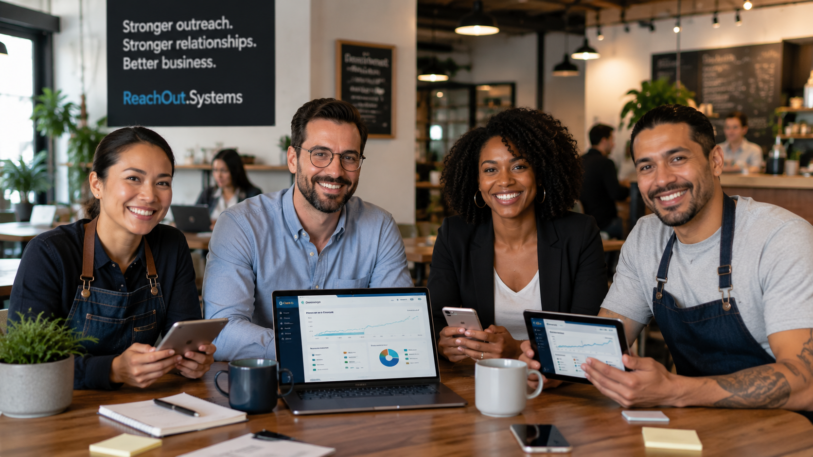 SME team smiling around a ReachOut.Systems dashboard — Stronger outreach. Stronger relationships. Better business.