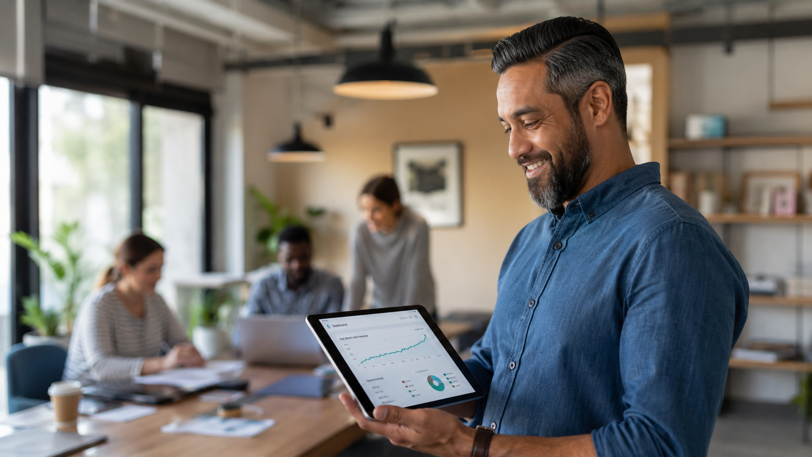 SME owner reviewing AI-powered business dashboard